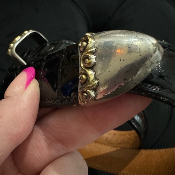 VTG Nocona Scrollwork Black Leather Belt Silver Gold Made in USA Texas Cowgirl - Picture 9 of 11